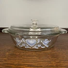 Vintage Anchor Hocking Ovenware Round Casserole Blue Hearts Clear Glass W Lid