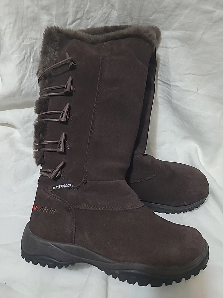 Women Baffin Miku Waterproof Tall Winter Snow Boots Fur Trim Suede Leather Brown - Image 2 of 4
