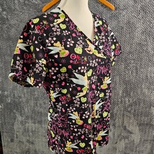 Disney Tinkerbell Scrub Top Women's Medium Black Fairy Valentine Print V-Neck