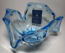 Murano Art Glass Blue Tint White Cristal Hand Made Centerpiece Bowl Italy