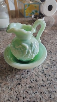 Vintage Avon Jadeite Green Milk Glass Small Pitcher and Bowl Set - Rose Pattern