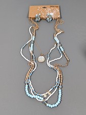 Beachy Boho Blue Beaded Gold Tone Four Chain Beaded Long Necklace Earring Set