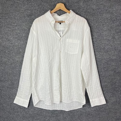 NEW Express Button Up Shirt Mens L White New Seersucker Stripe Cotton Linen