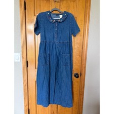 Bobbie Brooks Vintage Denim Midi Dress Embroidered Floral Peter Pan Collar Blue