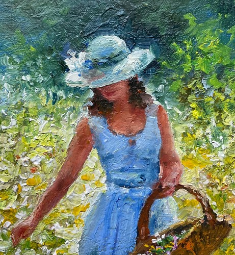 Chamomile Field Woman Picking Flowers Original oil painting summer 8x6in so - Picture 3 of 8