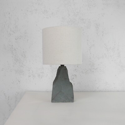 Vintage Mid Century Natural Slate Brutalist Table Lamp Linen Shade #102888