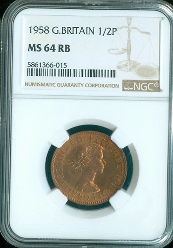 1958 Great Britain 1/2 Penny NGC MS-64 RB Quality✔️