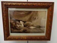 FRAMED EDOUARD BISSON LITHOGRAPH PRINT LADY LYING ON RUG CHERUB PUTTI  1893
