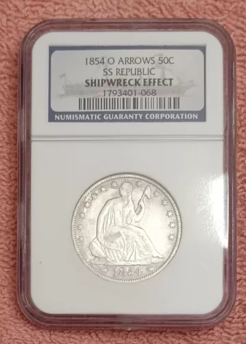 1854-O Seated Liberty Half Dollar, NGC Genuine treasure from S.S. Republic, 1865