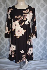 Womens Knit Dress BLACK w/ PEACH CREAM FLOWERS Super Soft KEYHOLE BACK Size M