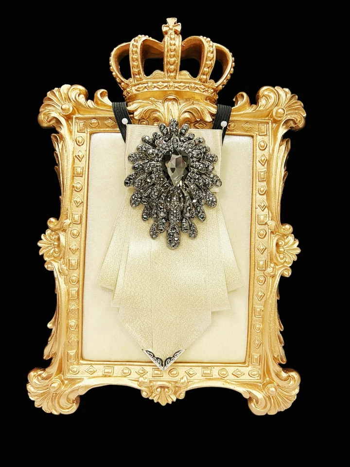 Beige Bow Tie, Formal Event Necktie, Black Crystal Tie, Adjustable Necktie - Image 4 of 4