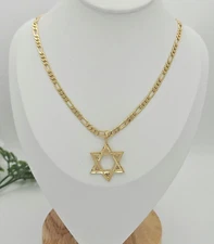 Gold Star Of David Necklace, Jewish Star Pendant , 14k Plated Gold, 4mm Figaro