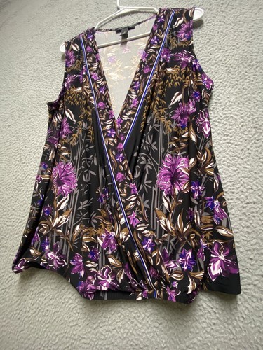 INC Shirt Womens L Black Purple Sleeveless Wrap Stretch V Neck Floral Blouse Top - Picture 9 of 10