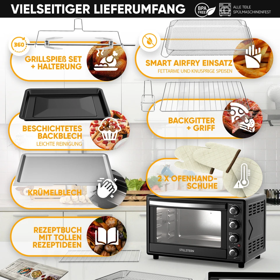 Minibackofen mit Umluft (35L) Drehspieß, Timer, 1600W, Doppelglastür, DE Version - Bild 3 von 4