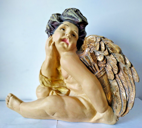 Vintage Large 14" Italian Alabaster Nude Cupid Angel, Gold Wing Cherub w/Arrows - Picture 4 of 8