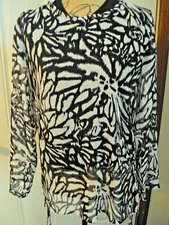 Bacci Womens Blouse Size M Sheer Scoop Black and White Floral Draw String Sides 