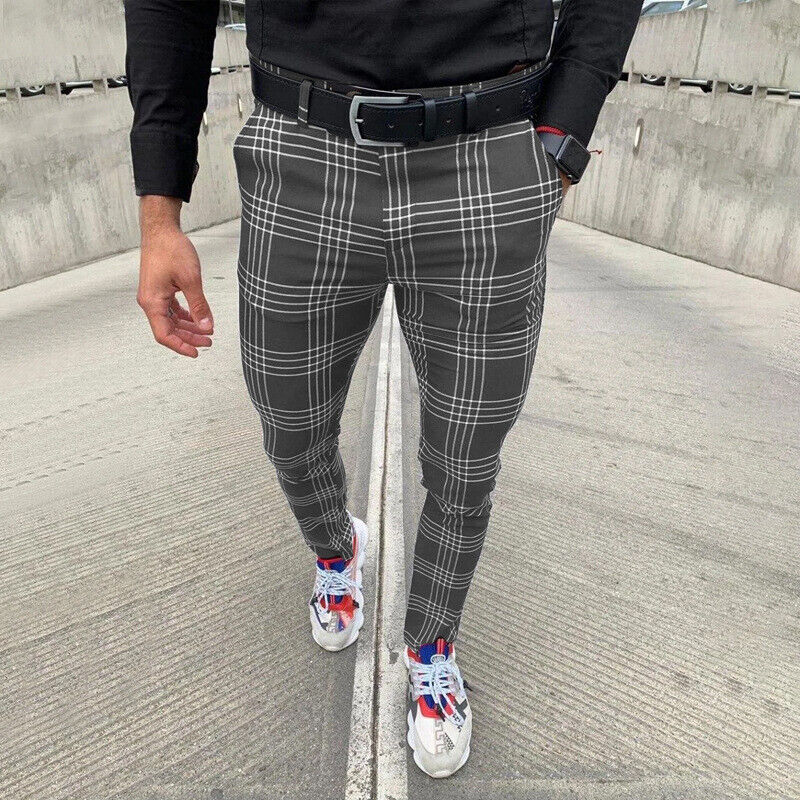 Mens Fashion Plaid Pencil Long Pants Business Casual Slim Fit Trousers  Workwear | eBay