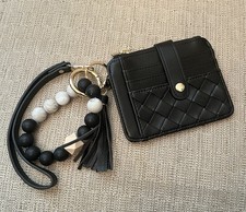 Black ID Wallet Keychain Wristlet with Tassel Bead Bracelet Style Boho