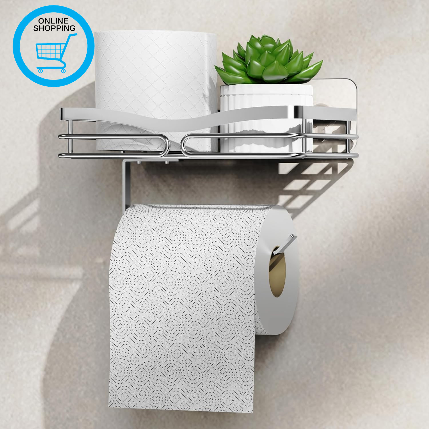 Toilet Roll Holder with Shelf, Self-Adhesive Stainless Steel Toilet Paper Holder
