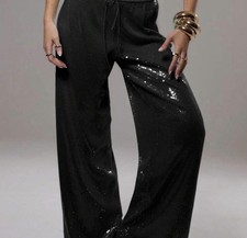 Black Sequin Wide Leg Pants with Elastic Waist Women's