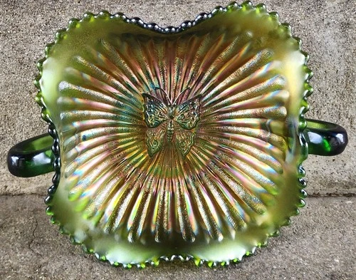 Vintage Carnival Glass Northwood Green Smoke Butterfly Bonbon Dish Stippled Edge