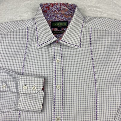 INSERCH Icon Dress Shirt Mens Large Purple Check Paisley Trim Embroidered