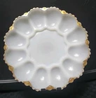 Vtg Anchor Hocking White & Gold Milk Glass Dish Deviled Egg Plate / Platter