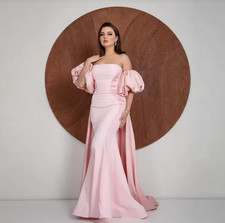 Light Pink Stretchy Mermaid Wedding Dresses With Long Cape Strapless Long Satin