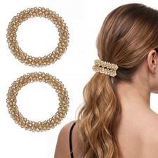 2Pcs Rhinestone Hair Scrunchies Crystal Ties Elastic Holders Amber Gold 