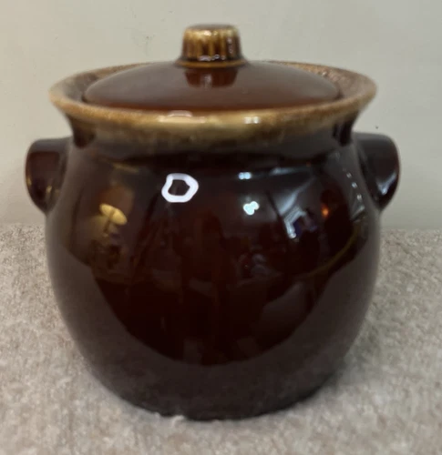 Vintage Hull Pottery Brown Drip Bean Pot Crock 6 Inches With Lid Oven Proof USA