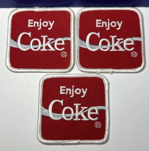Lot of 3 Vintage Enjoy Coke Patches Embroidered Iron-On 2.5" x 2.5" NOS Unused