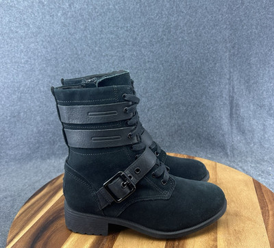 UGG Zia Black Suede Shearling Buckle Strap Waterproof Combat Boots Womens Sz 6.5