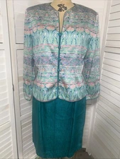 VTG Adrianna Papell 100% Silk 2 pc Skirt Suit Set Lined Sz 12 Teal Paisley