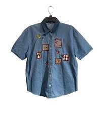 VTG Shirt Top XL Embroidered Humming Birds Flowers Blue Denim SS Cottage Granny