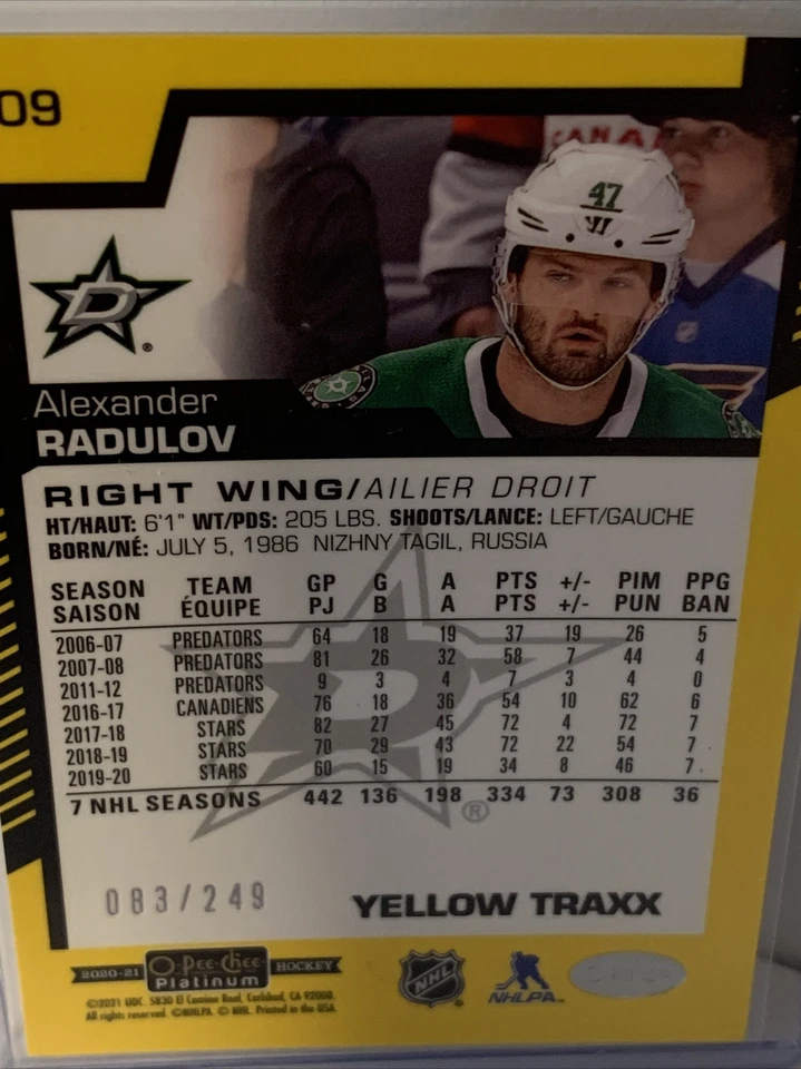 2020-21 OPC O-Pee-Chee Platinum Alexander Radulov *Yellow Traxx* 83/249 - Image 2 of 2