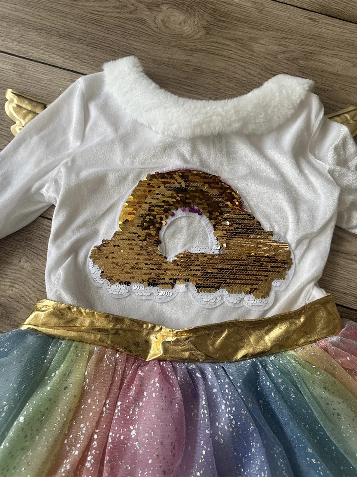 Girls Rainbow Angel Costume With Wings Size Medium  Reversible Sequins - Image 3 of 4