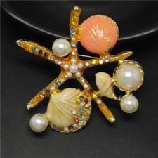 Yellow Enamel Starfish Shell Pearl Crystal Fashion Women Charm Brooch Pin Gift