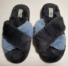 Sole Mates Fuzzy Slippers Grey Blue Soft Fluffy Sliders Mules Flats 8 