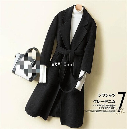 Womens Winter Wool Coat Double Cashmere Mid Long Slim Warm Belt Jacket Overcoat - Picture 8 of 21