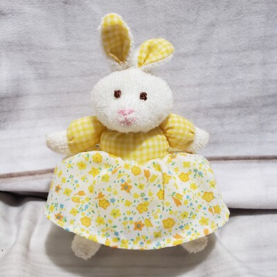 Russ Rabbit Plush White Terry Cloth Bunny Yellow Gingham Floral Skirt 4 ...
