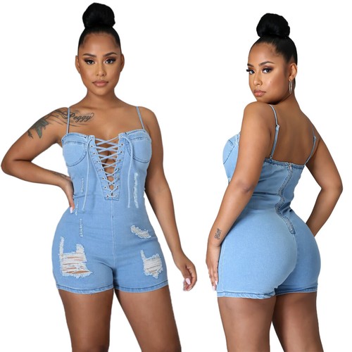 Women's Suspender Sexy Backless Denim Jumpsuits Lace Up Jeans Shorts Rompers - Picture 4 of 7