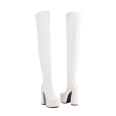 Damen Strecken Over The Knee Stiefel Reißverschluss Blockabsatz Plateau Pumps