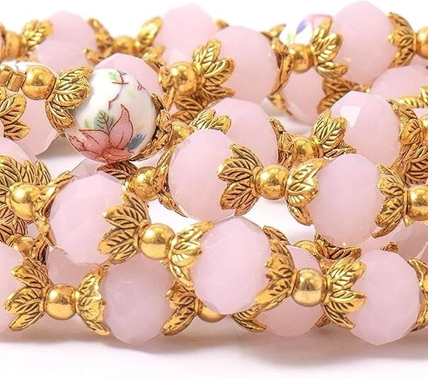 Pink Jade Crystal Beads Gold Rosary Necklace Miraculous Locket Medal & Cross - Image 4 of 4