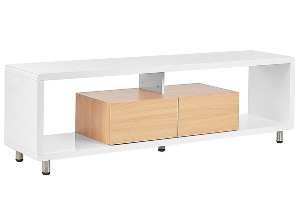 Tv-Schrank Holzoptik / Weiß Hochglanz 159 Cm 2 Schubladen 2 Regale Modern Knox-image