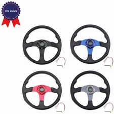 14”350mm  Deep Dish 6 Bolt Racing Steering Wheel w/ Horn Button PU Leather US