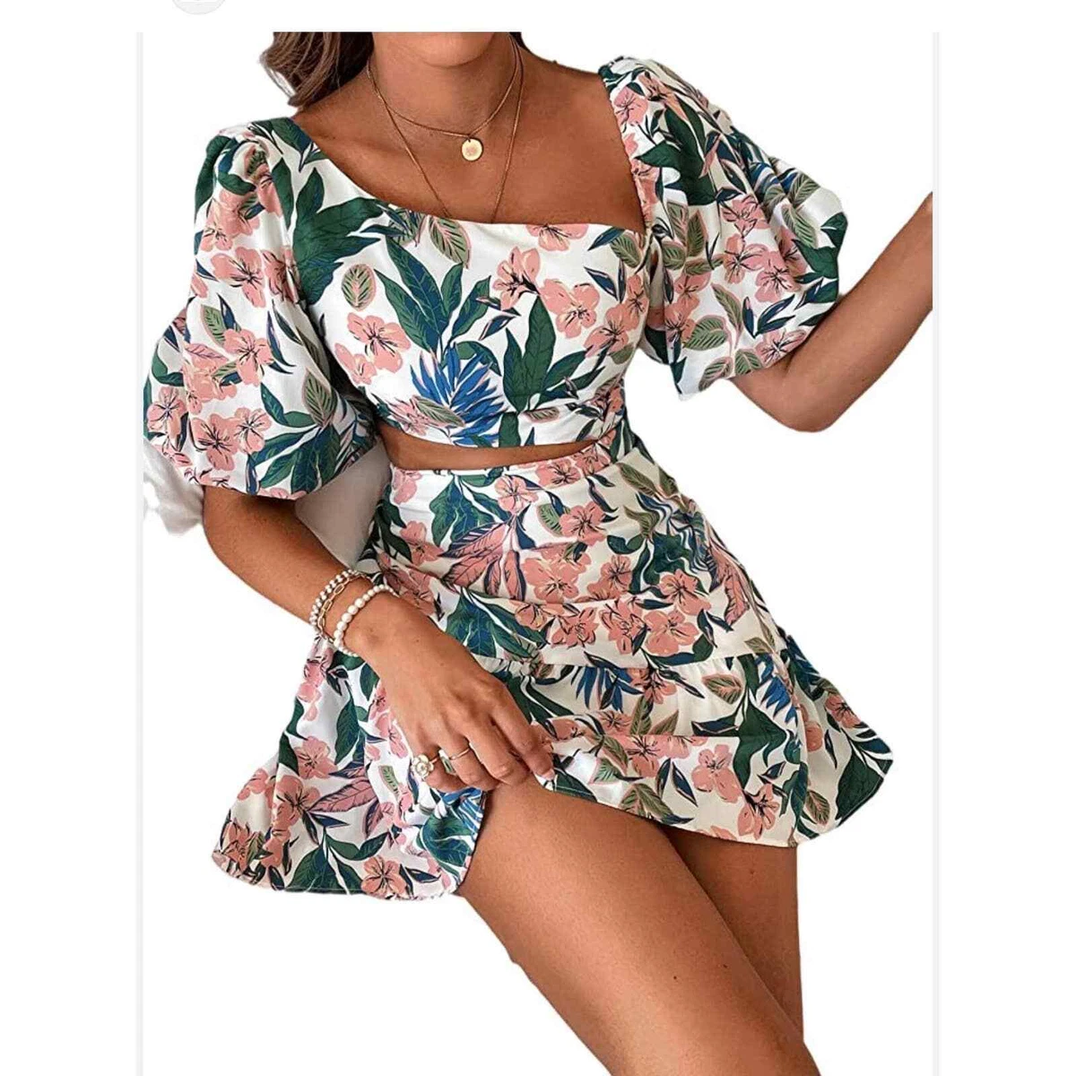 Shein floral cut out puff sleeve mini dress size large