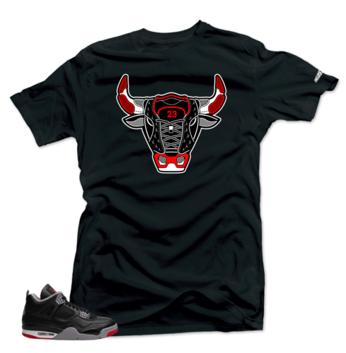Shirt to Match Jordan 4 Bred Reimagined -Bull Stripes Red-Sneaker Black Tee - Picture 1 of 3