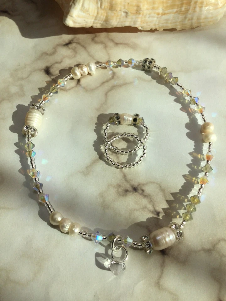 Tornozeleira de cristal pérola feita à mão com elementos Swarovski com anel elástico grátis EUA - Imagem 4 de 4