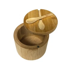 Bamboo Salt Box with Spoon – Magnetic Lid Spice Container Storage Jar