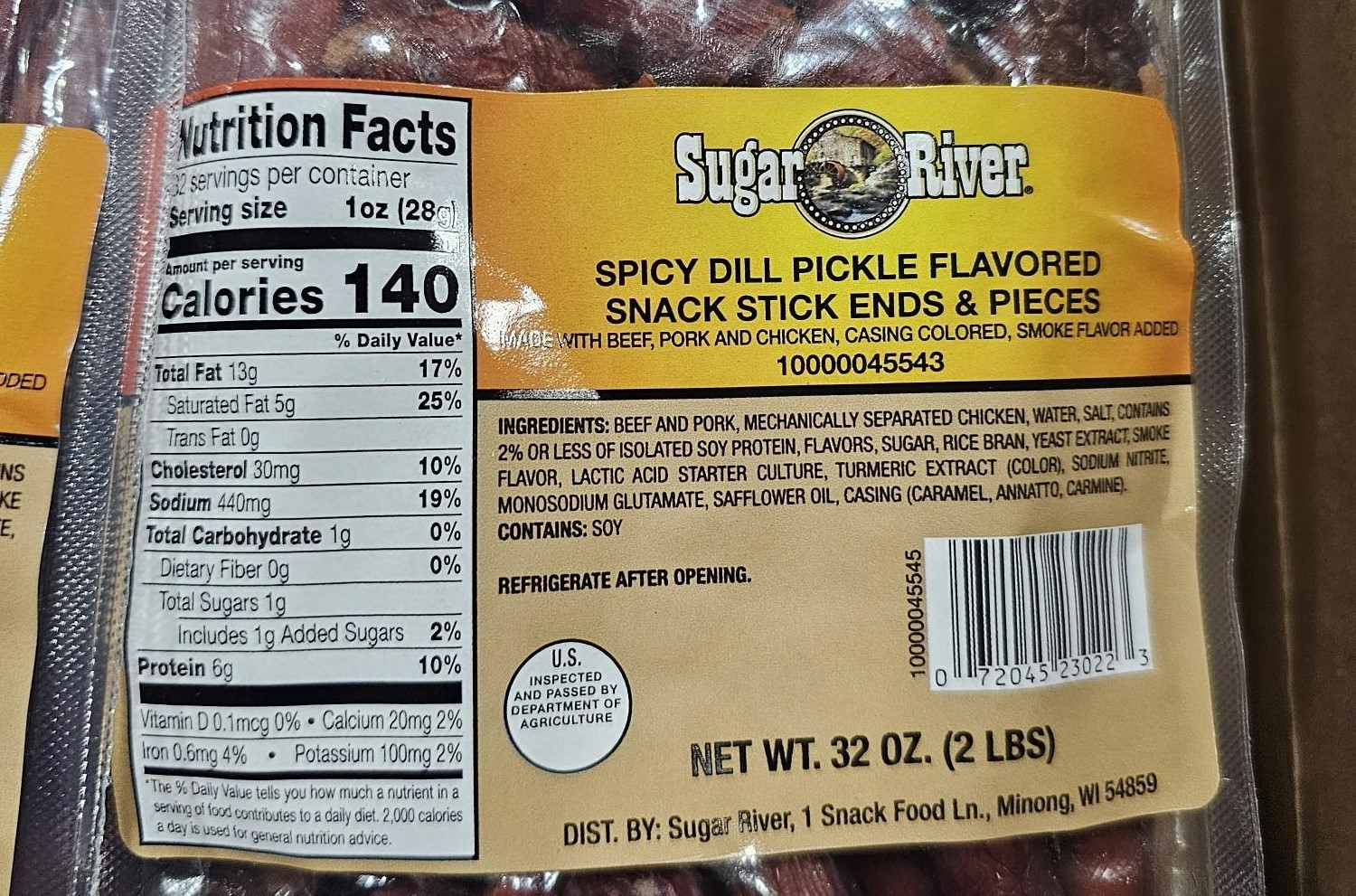3 X 2LB SUGAR RIVER SPICY DILL PICKLE BEEF/PORK Snack Sticks Sealed bag 4/01/26